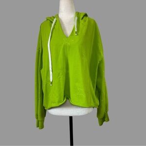 ❤️ L ❤️ Lime Green Hoodie Embroidered Stars Cropped Drawstring